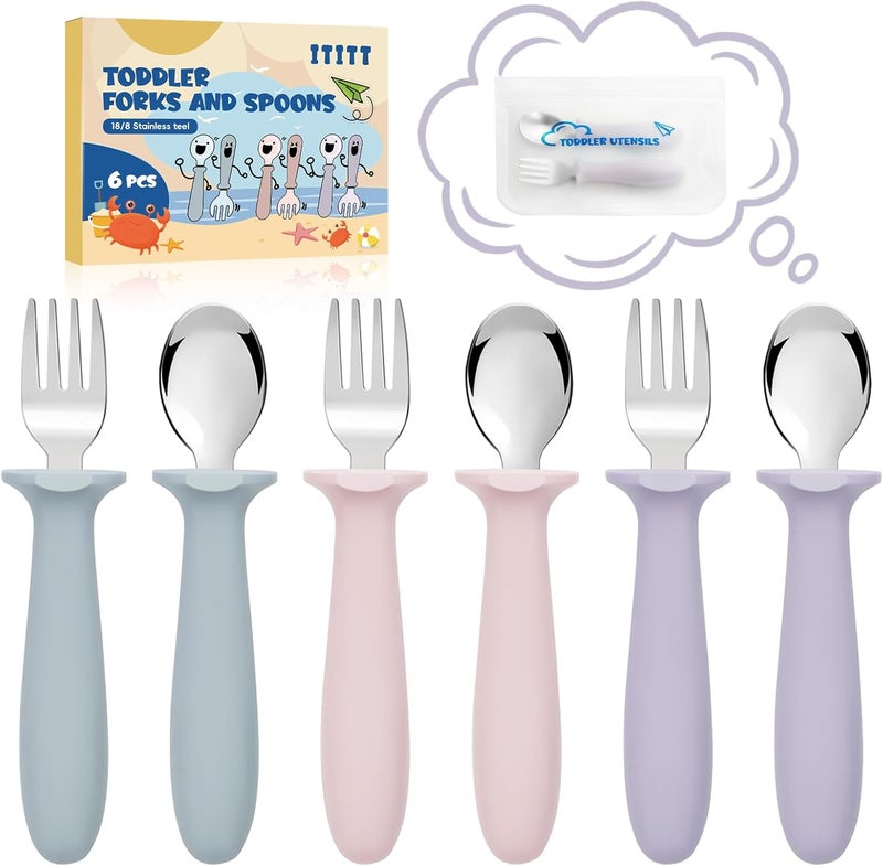 ITITT 6 PCS Toddler Utensils Kids Silverware Set with Silicone Handle Children Food Grade 18/8 Stainless Steel Toddler Forks and Spoons Safe Anti-Choke Design Mirror Polished Sturdy Durable Dishwasher Safe - Image 1